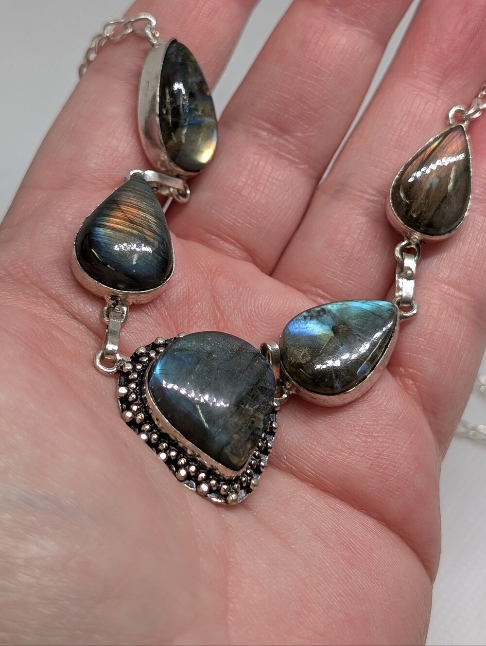 Sterling Silver Labradorite Teardrop Statement Necklace - Iridescent
